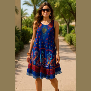 Fiori Dress Free Size Blue Paisley Print Sleeveless Casual 100% viscose